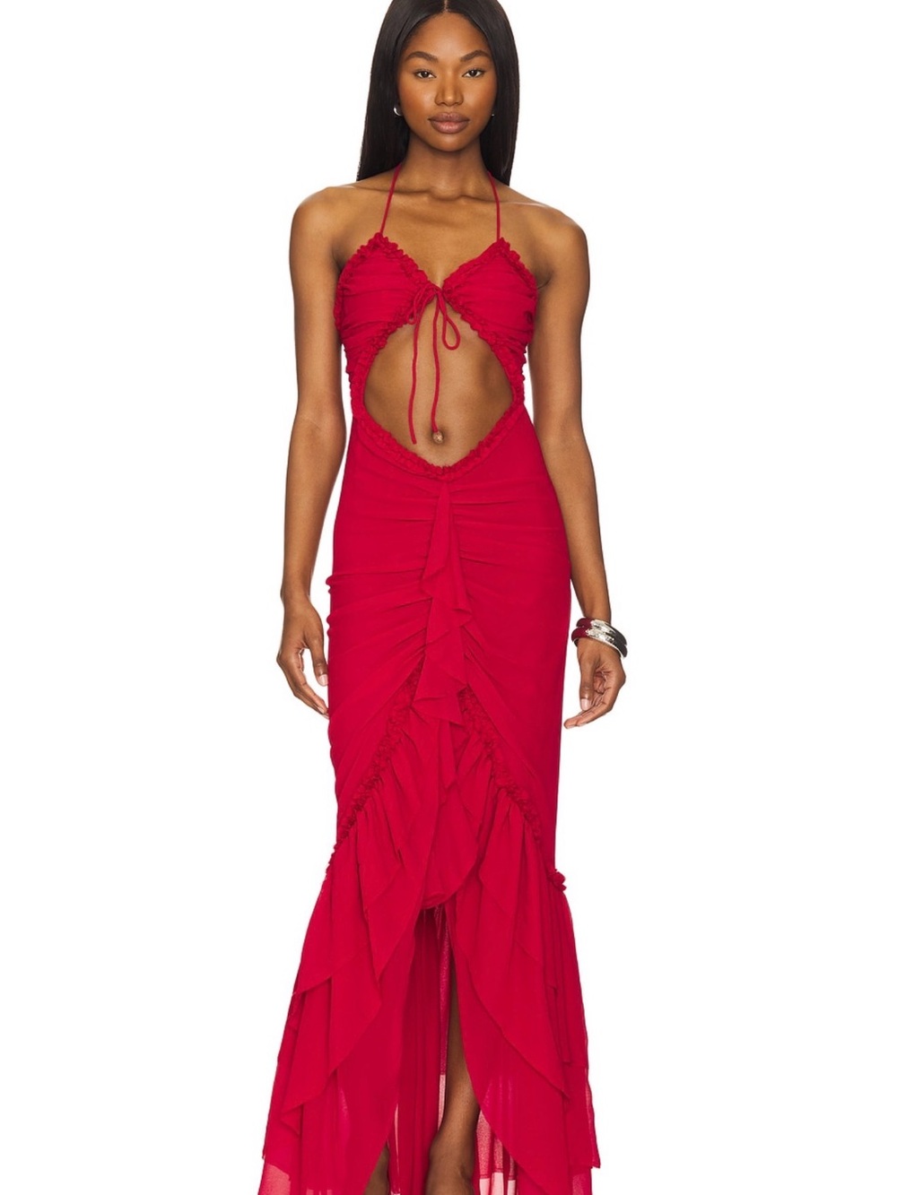 Hours Haven Bordeaux Red Cutout Ruffle Maxi Dress - Women XS